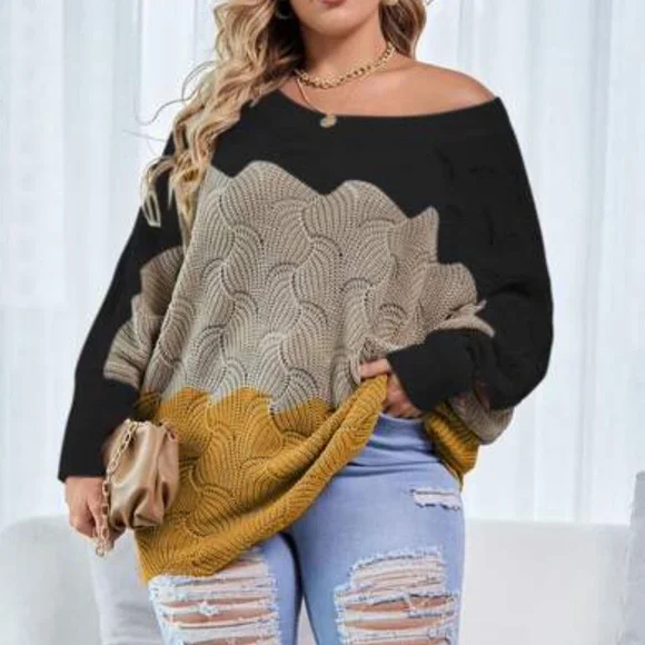 Plus Color Block Off shoulder Knit Sweater Top - Picture 2 of 5
